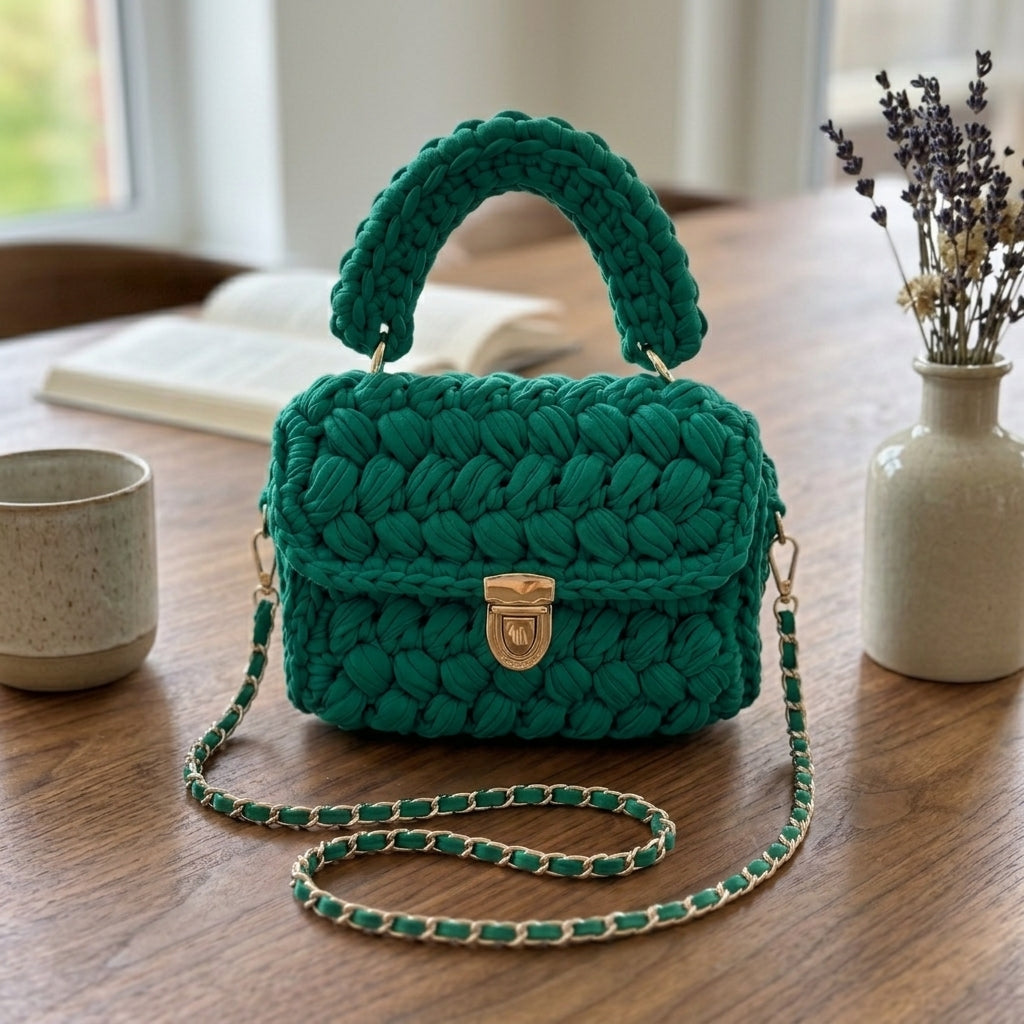Handcrafted Puff Knit Top Handle Bag